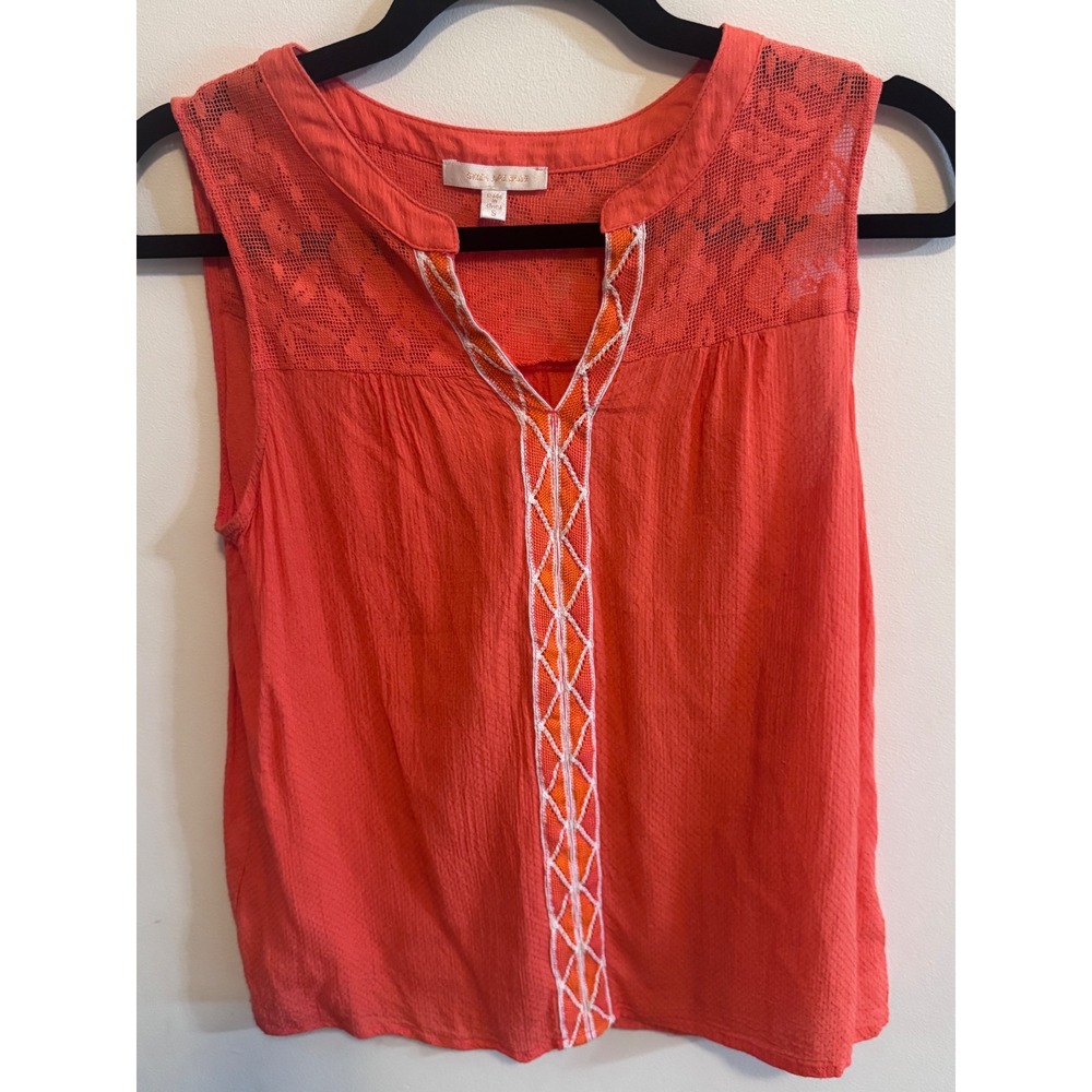 Skies Are Blue Coral Orange Sleeveless Lace Yoke Embroidered Boho Blouse Small